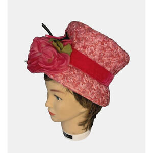 Vintage 1960's LaRose Women's Pink Red Woven Bucket Hat with Flower Bow 21"